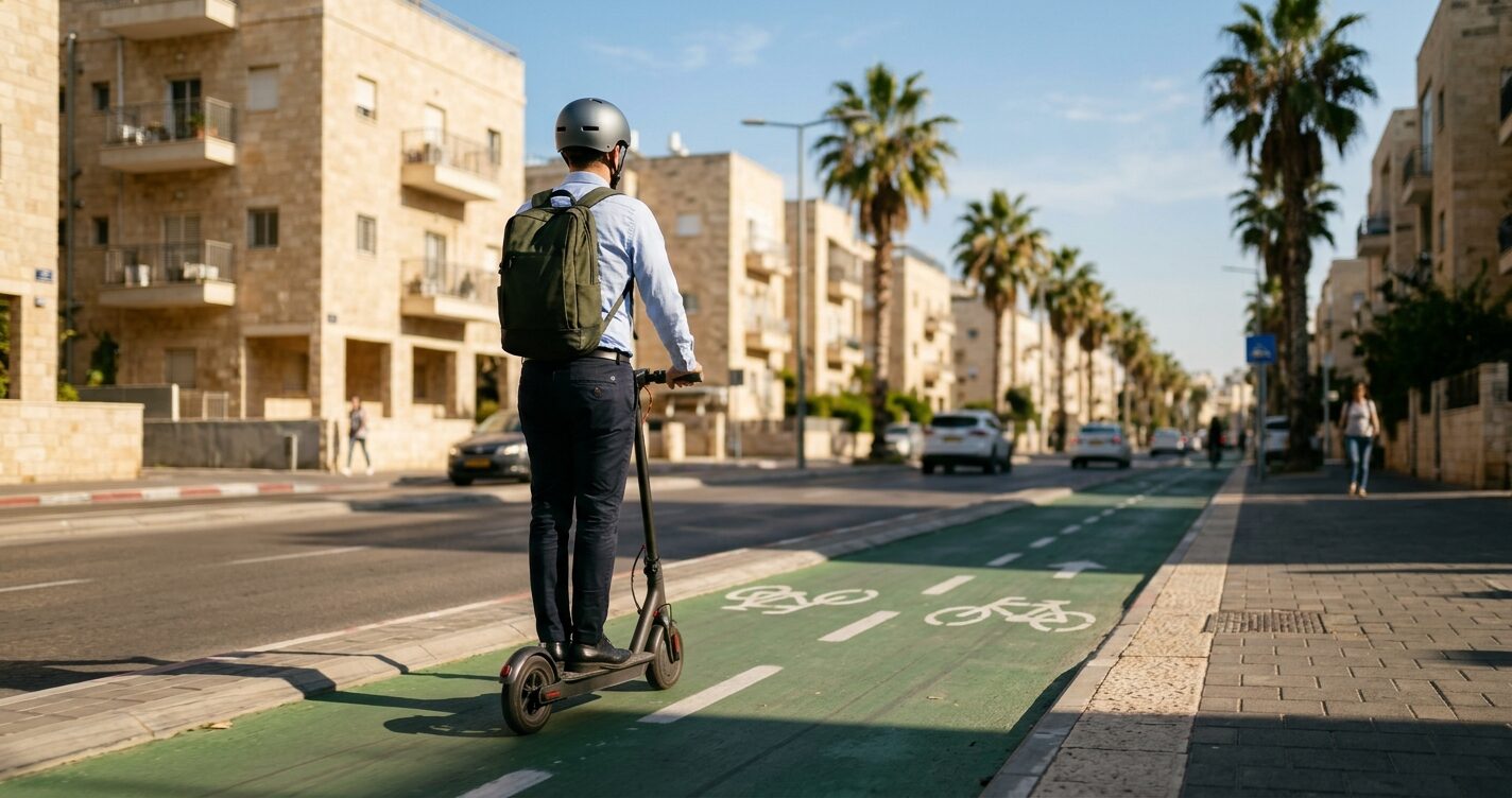 רוכב עם קסדה על קורקינט חשמלי בשביל אופניים, בבוקר בעיר
