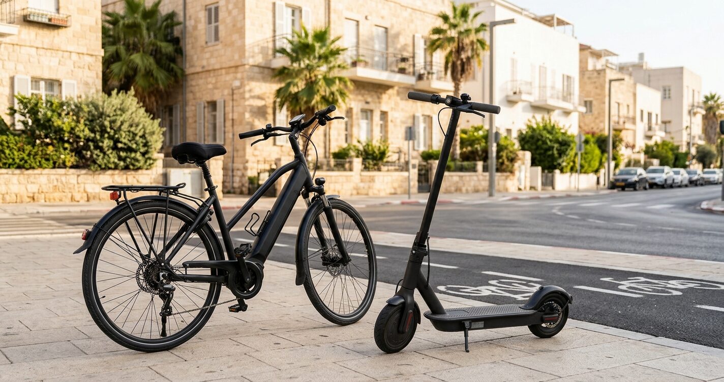 אופניים חשמליים וקורקינט חשמלי חונים זה לצד זה ברחוב עירוני שטוף שמש
