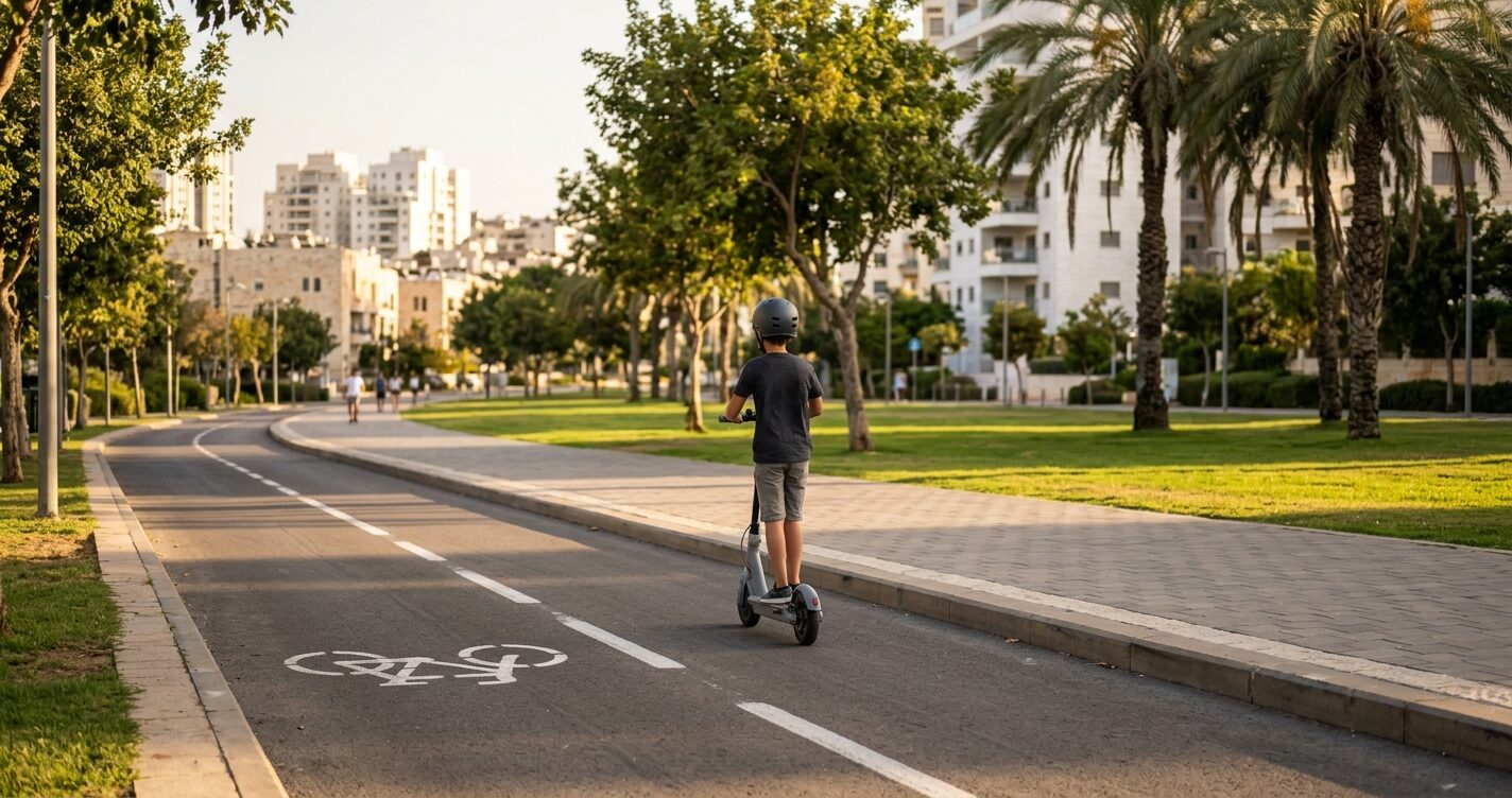 נער עם קסדה רוכב על קורקינט חשמלי בשביל אופניים בפארק, בשעת אחר הצהריים